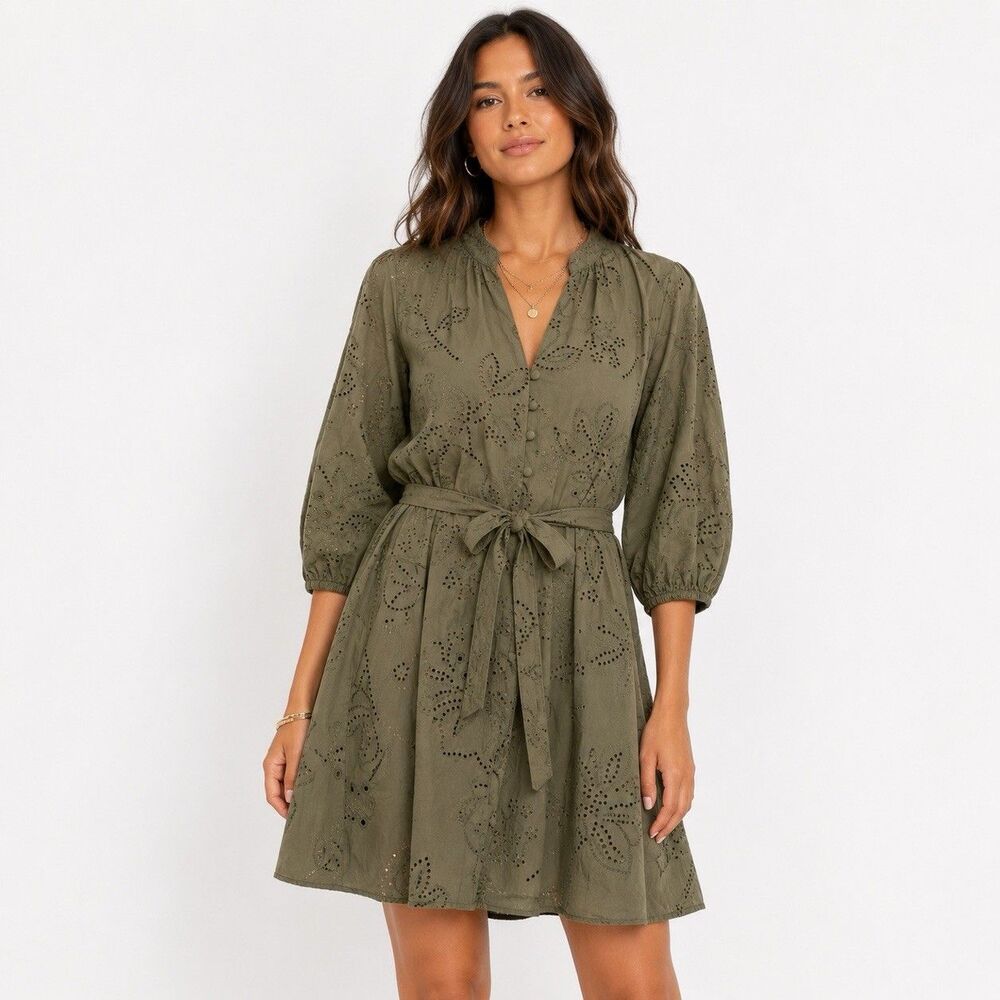 ZARA Olive Green Eyelet Embroidered Belted Shirt Dress Size L Coastal Boho Chic